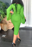 Green Casual Elegant Solid Patchwork Slit O Neck One Step Skirt Dresses