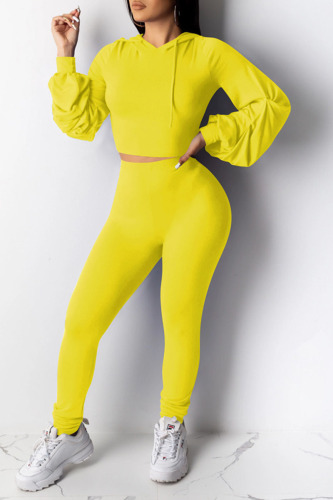 Yellow Casual Solid Patchwork Fold Hooded Collar Long Sleeve Two Pieces