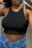 Black Sexy Casual Solid Bandage Hollowed Out Backless Halter Tops