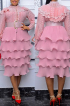 Pink Sexy Solid Split Joint Buckle O Neck Cake Skirt Plus Size Dresses