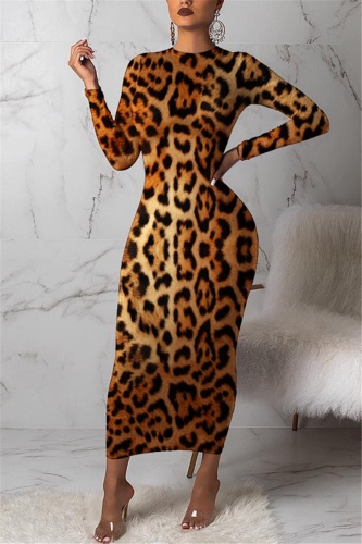 Brown Comfortable Print Long Sleeve Dress
