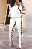 White Fashion Casual Print Hollowed Out Patchwork Slit Zipper Collar Long Sleeve Two Pieces