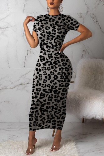 Grey Chemical fiber blend Sexy Cap Sleeve Short Sleeves O neck Step Skirt Ankle-Length Print 
