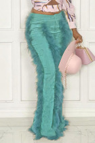 Green Fashion Solid Split Joint Feathers Boot Cut High Waist Speaker Solid Color Bottoms