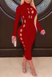 Rose Red Fashion Sexy Solid Hollowed Out Turtleneck Long Sleeve Dresses
