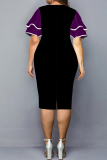 Burgundy Fashion Casual Plus Size Print Patchwork O Neck Short Sleeve Dress