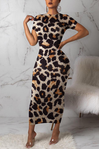 Leopard print Chemical fiber blend Sexy Cap Sleeve Short Sleeves O neck Step Skirt Ankle-Length Print 