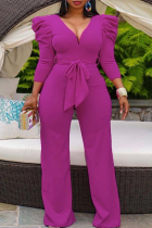 Rose Red Fashion Casual Solid Basic V Neck Plus Size Long Sleeve Jumpsuits