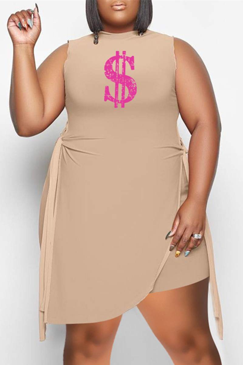 

Khaki Fashion Casual Print Bandage Slit O Neck Plus Size Two Pieces