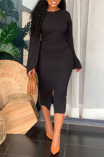 Black Casual Elegant Solid Patchwork Slit O Neck One Step Skirt Dresses