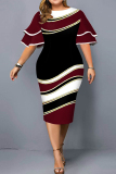 Burgundy Fashion Casual Plus Size Print Patchwork O Neck Short Sleeve Dress