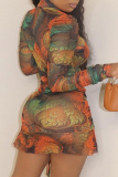 Multicolor Fashion Print Draw String Turtleneck Long Sleeve Dresses