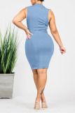 Light Blue Casual Solid Patchwork Buckle Turndown Collar Plus Size Dresses