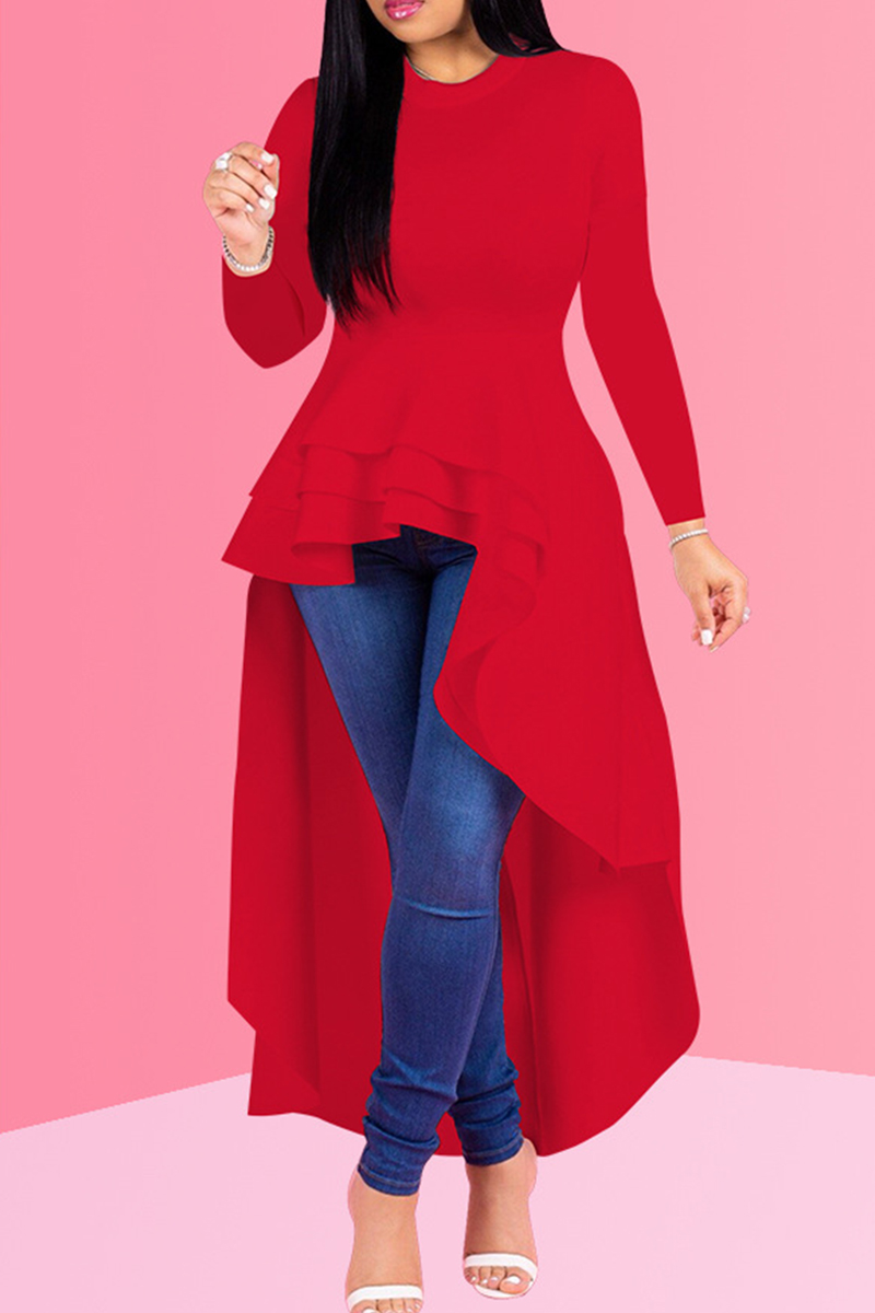 

Red Fashion Casual Solid Asymmetrical O Neck Long Sleeve Dress