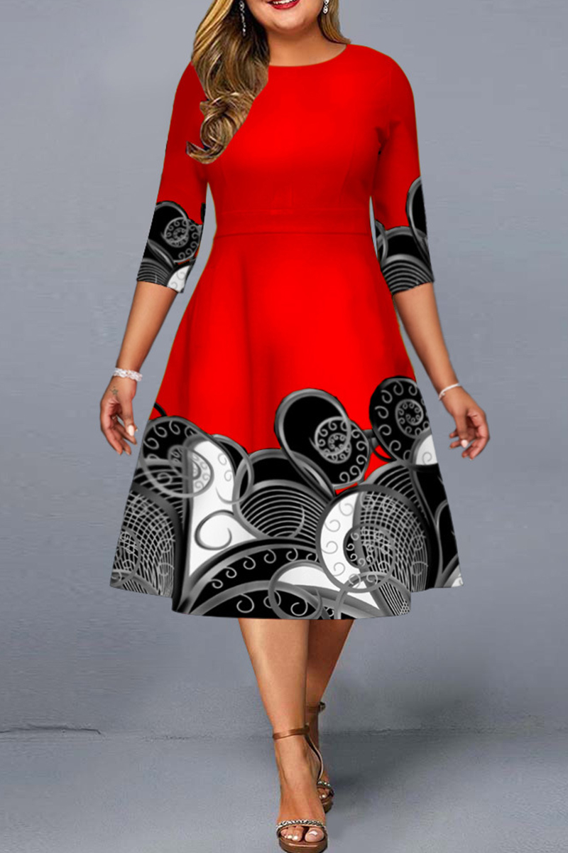 Red Fashion Casual Print Basic O Neck Plus Size Dresses_Plus Size ...