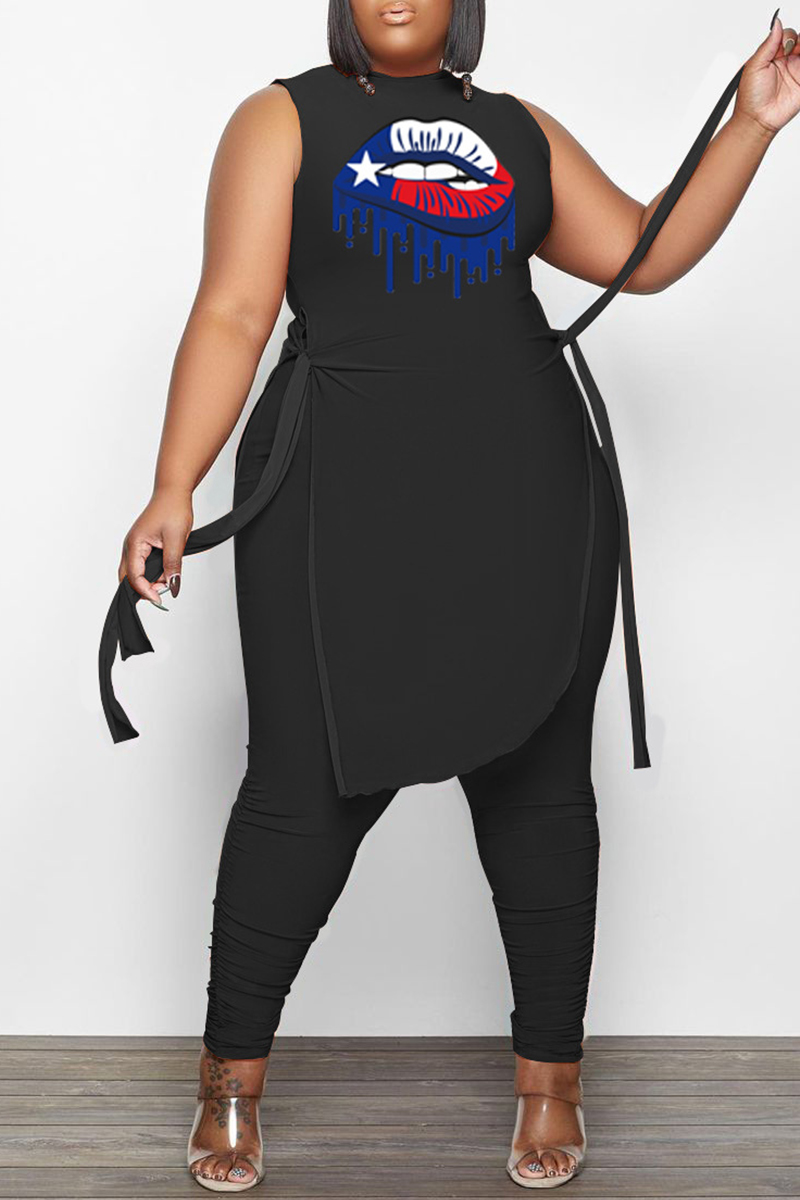 

Black Fashion Casual Lips Printed Bandage Slit O Neck Plus Size Two Pieces