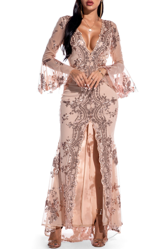 Apricot Sexy Patchwork Sequins Mesh V Neck Irregular Dress Dresses