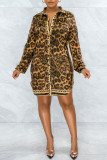 Leopard Print Fashion Casual Print Leopard Patchwork Turndown Collar Shirt Dress