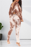 Light Coffee Fashion Casual Print Tie Dye Backless O Neck Long Sleeve Two Pieces