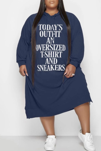 Tibetan Blue Fashion Casual Letter Print Basic Hooded Collar Long Sleeve Plus Size Dresses