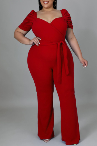 Red Fashion Casual Solid Basic V Neck Plus Size Jumpsuits