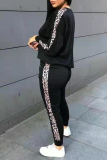 Grey Casual Print Leopard Letter O Neck Long Sleeve Two Pieces