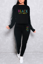 Black Casual Print Leopard Letter O Neck Long Sleeve Two Pieces