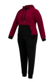 Burgundy Fashion Casual Solid Patchwork Hooded Collar Plus Size Two Pieces