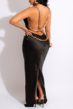 Brownness Sexy Solid Chains Backless Spaghetti Strap Trumpet Mermaid Dresses