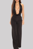 Rose Red Fashion Casual Solid Backless Halter Regular Jumpsuits