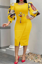 Yellow Casual Print Patchwork O Neck One Step Skirt Dresses