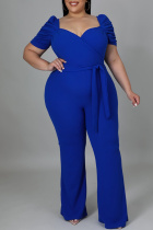 Blue Fashion Casual Solid Basic V Neck Plus Size Jumpsuits