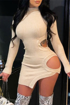 Apricot Fashion Sexy Solid Hollowed Out Asymmetrical Half A Turtleneck Long Sleeve Dresses