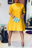 Yellow Casual Elegant Solid Patchwork Fold Half A Turtleneck Straight Dresses