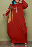 Tangerine Red Casual Print Patchwork O Neck Plus Size Dresses
