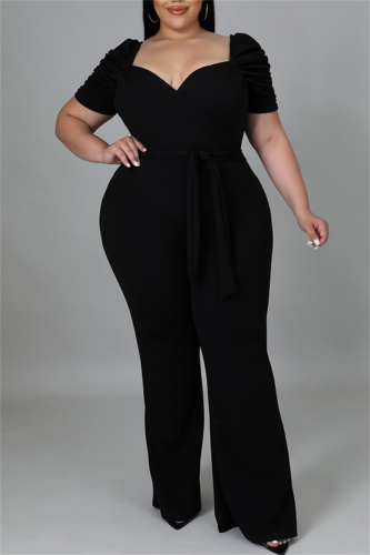Black Fashion Casual Solid Basic V Neck Plus Size Jumpsuits