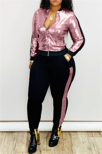 Pink Fashion Casual Patchwork Sequins Zipper Collar Long Sleeve Two Pieces