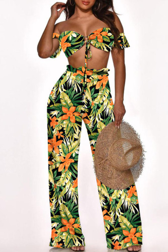 Orange Fashion Sexy Print Bandage Backless Strapless Two Pieces
