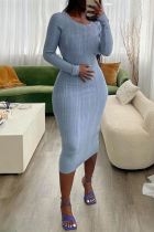 Blue Casual Solid Split Joint O Neck Pencil Skirt Dresses