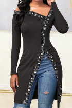 Black Fashion Casual Patchwork Hot Drilling Slit Oblique Collar Tops