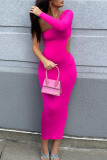Pink Fashion Sexy Solid Hollowed Out Backless Oblique Collar Long Sleeve Dresses