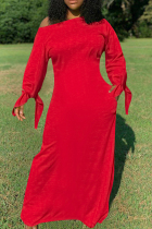 Red Fashion Casual Solid Bandage O Neck Long Sleeve Dresses