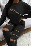 Grey Fashion Casual Solid Patchwork Zipper O Neck Long Sleeve Two Pieces
