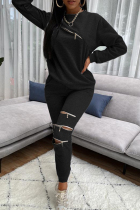 Black Fashion Casual Solid Patchwork Zipper O Neck Long Sleeve Two Pieces