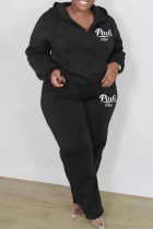 Black Fashion Casual Letter Print Basic Hooded Collar Plus Size Two Pieces