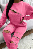 Pink Fashion Casual Solid Patchwork Zipper O Neck Long Sleeve Two Pieces