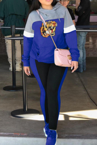Blue Casual Print Patchwork Hooded Collar Long Sleeve Two Pieces