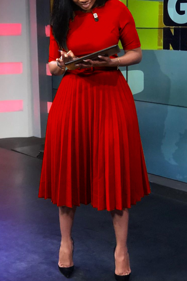 Red Fashion High Waist Short Sleeve Dress