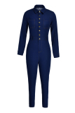 Blue Fashion Casual Solid Patchwork Turndown Collar Skinny Jumpsuits (Without Waist Chain)