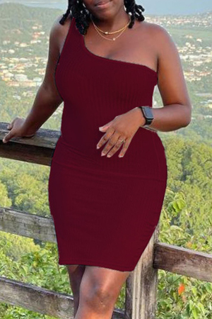 Burgundy Sexy Casual Solid Backless One Shoulder Sleeveless Dress